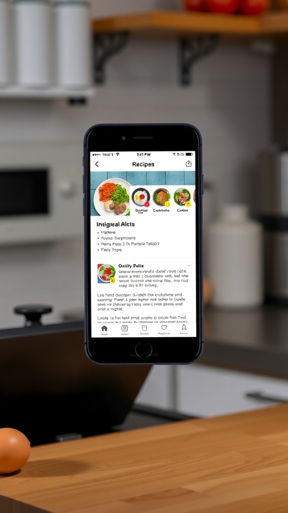 Recipe App Design Overview A smartphone displaying a recipe app interface with vibrant images and organized layout in a kitchen setting.